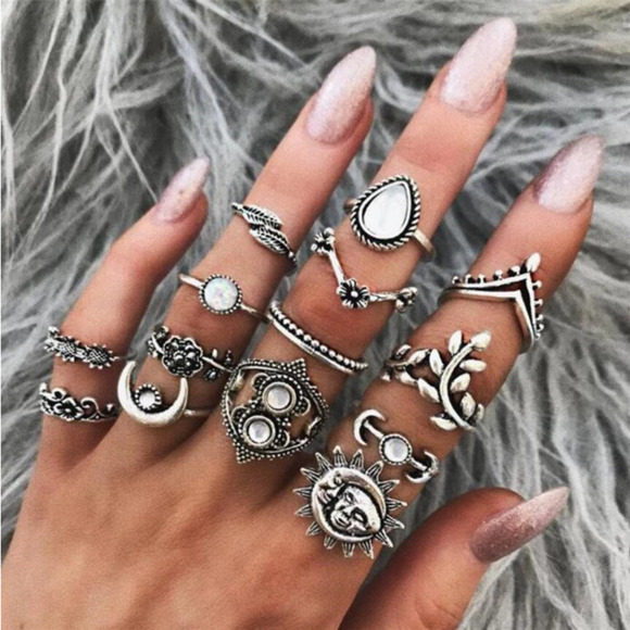 14 Piece Sun and Moon Midi Ring Set - Picture 1 of 10